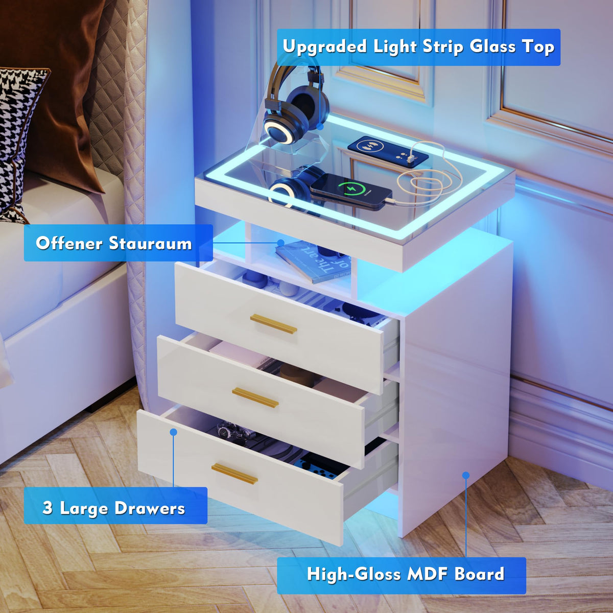 White LED Nightstand with Wireless Charging Station A268