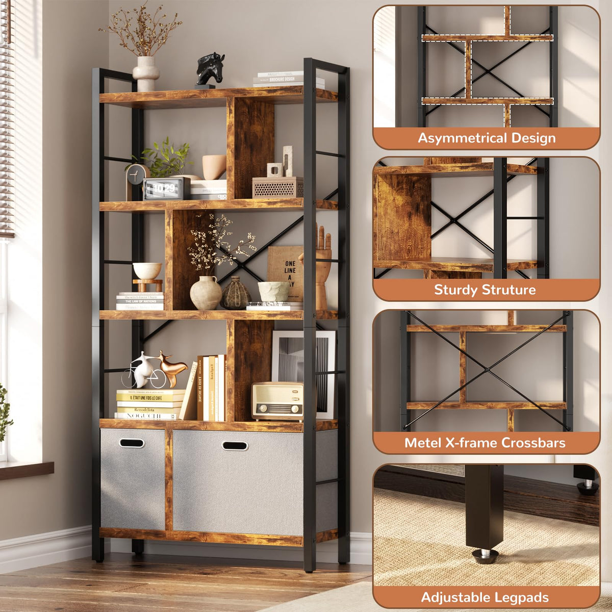 5 Tier Rustic Brown Bookshelf with Drawers H709
