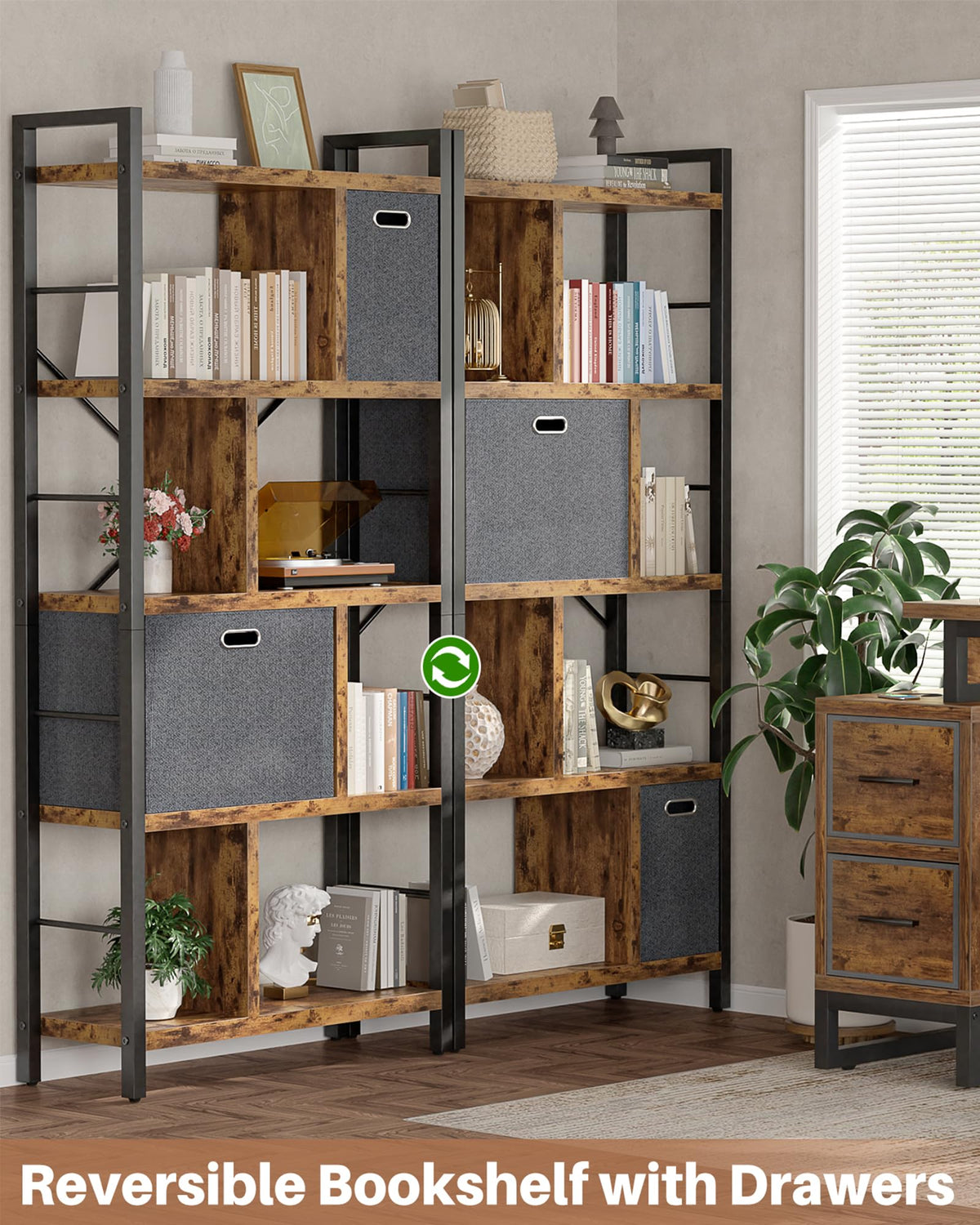 5 Tier Rustic Brown Bookshelf with Drawers H709