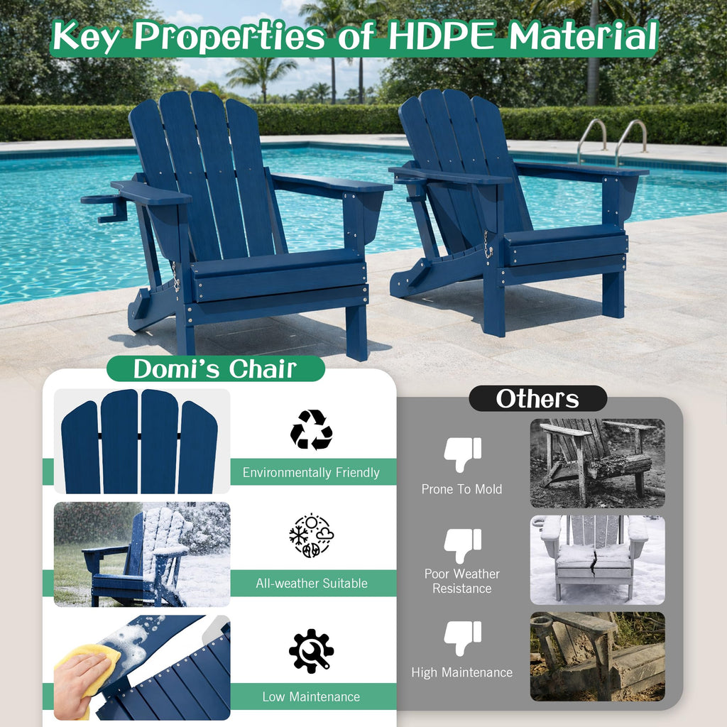 Folding Adirondack Chair Set of 8 HDPE All-Weather with Cup Holder Blue P899752