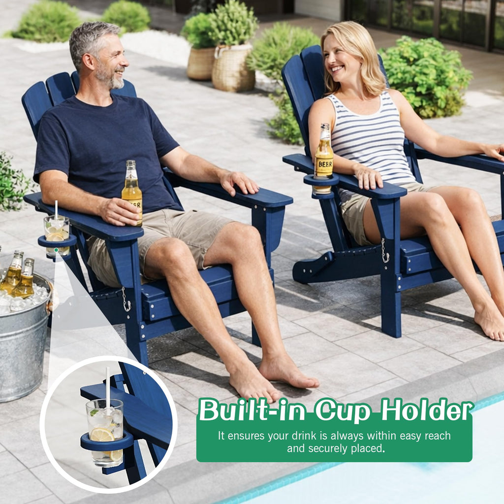Folding Adirondack Chair Set of 8 HDPE All-Weather with Cup Holder Blue P899752