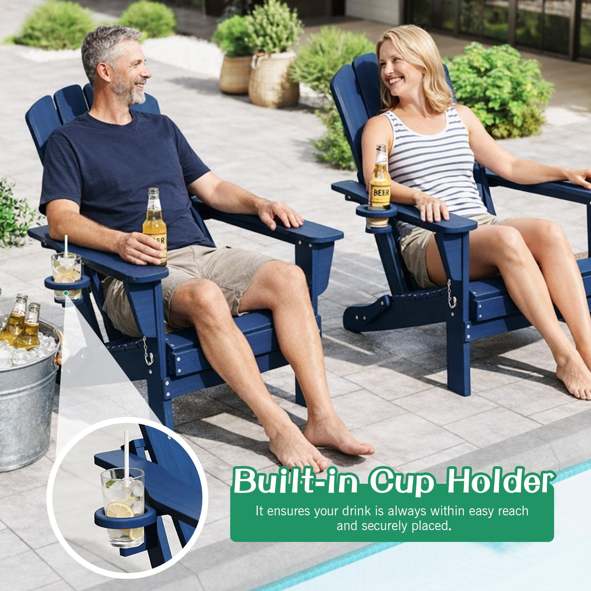 Folding Adirondack Chair Set of 8 HDPE All-Weather with Cup Holder Blue P899752