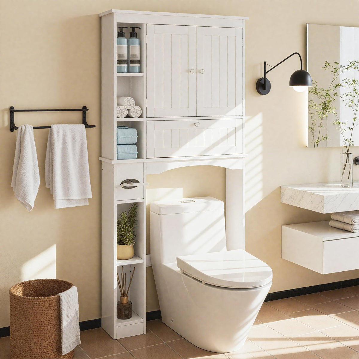 Over The Toilet Storage Cabinet with Doors and Adjustable Shelf, White A26701