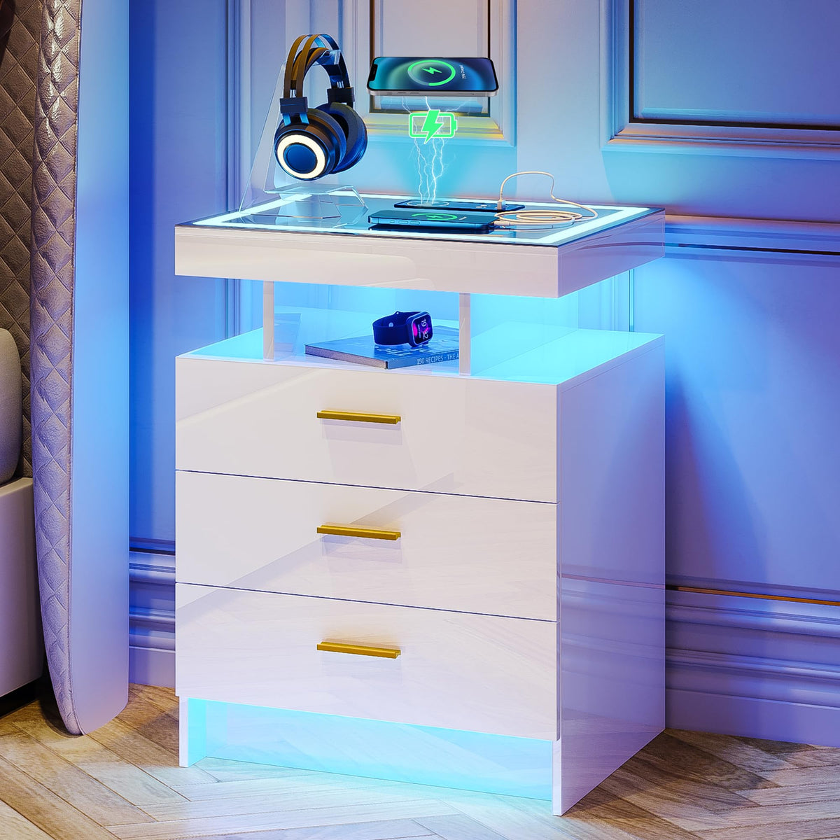 White LED Nightstand with Wireless Charging Station A268
