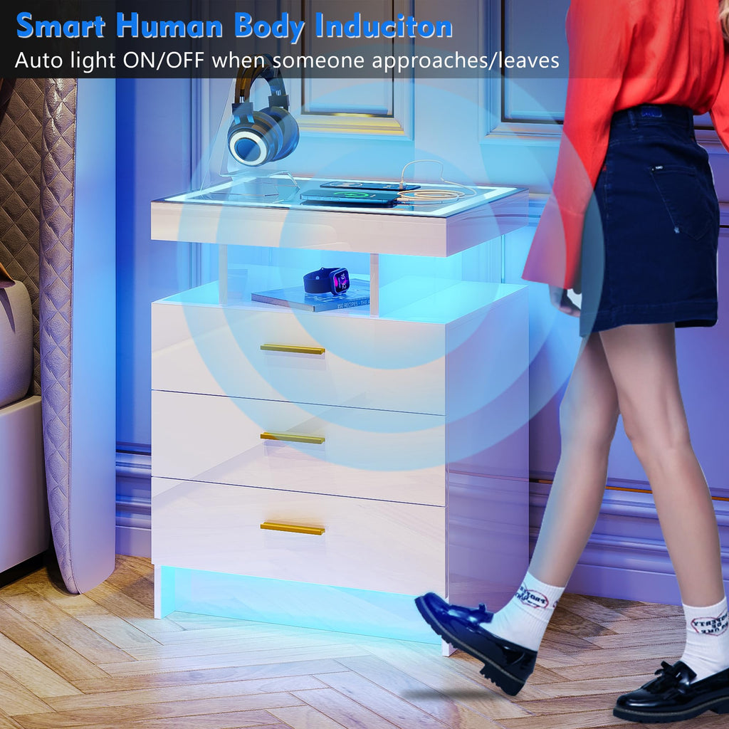White LED Nightstand with Wireless Charging Station A268
