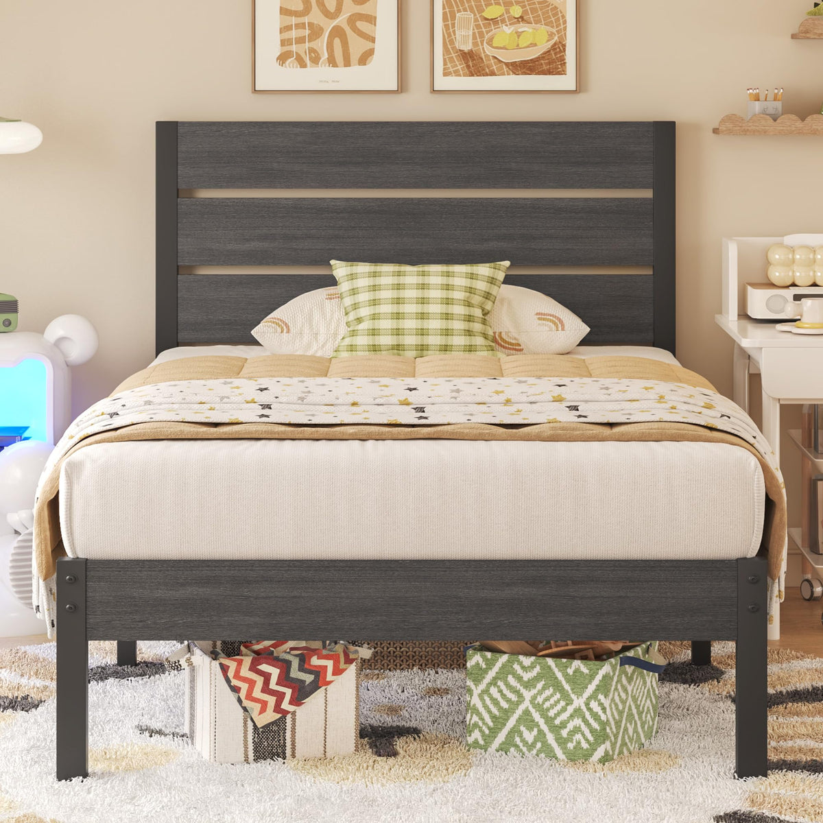 Twin Metal Bed Frame with Headboard and Under Bed Storage L925