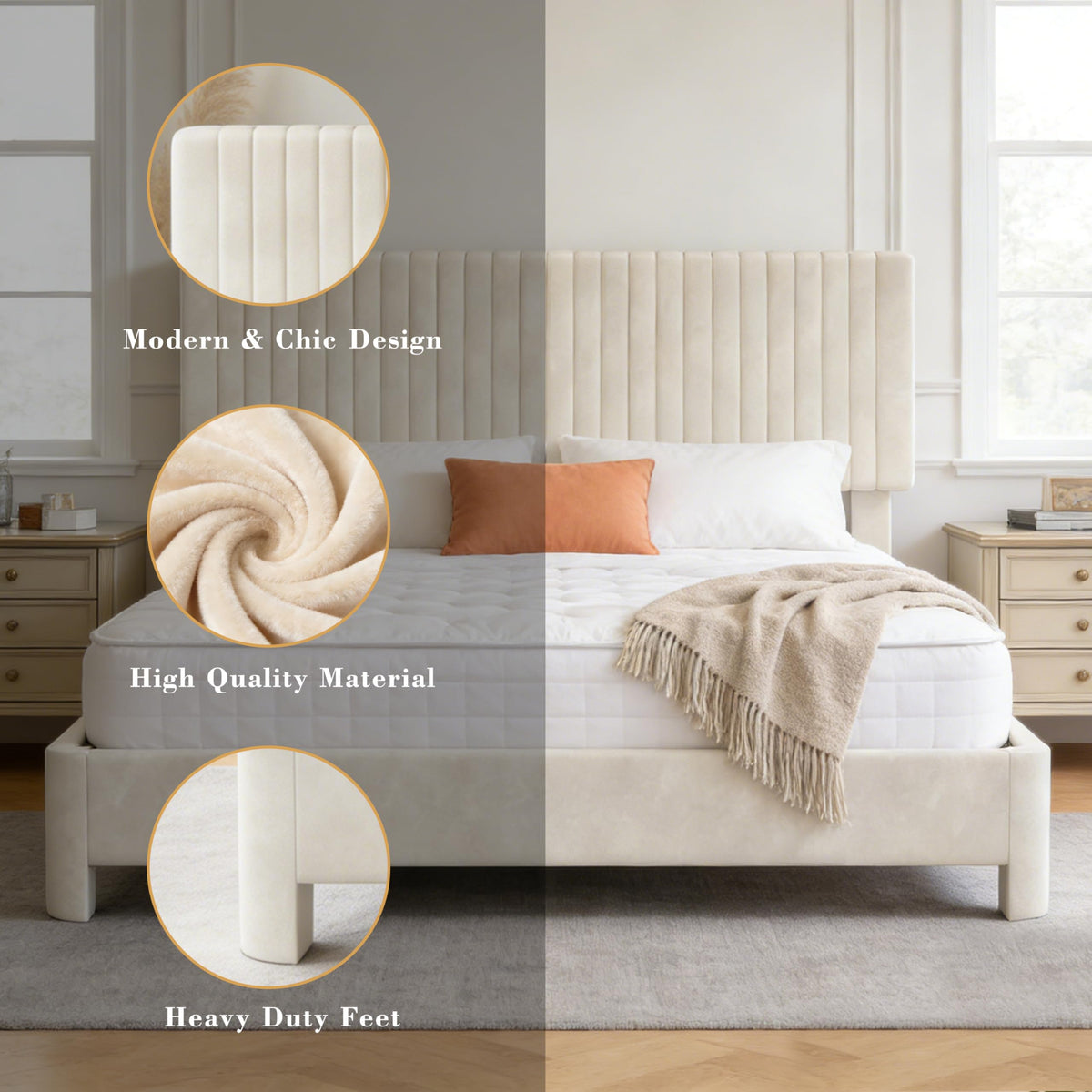 King Size Velvet Upholstered Bed Frame with Headboard W2512