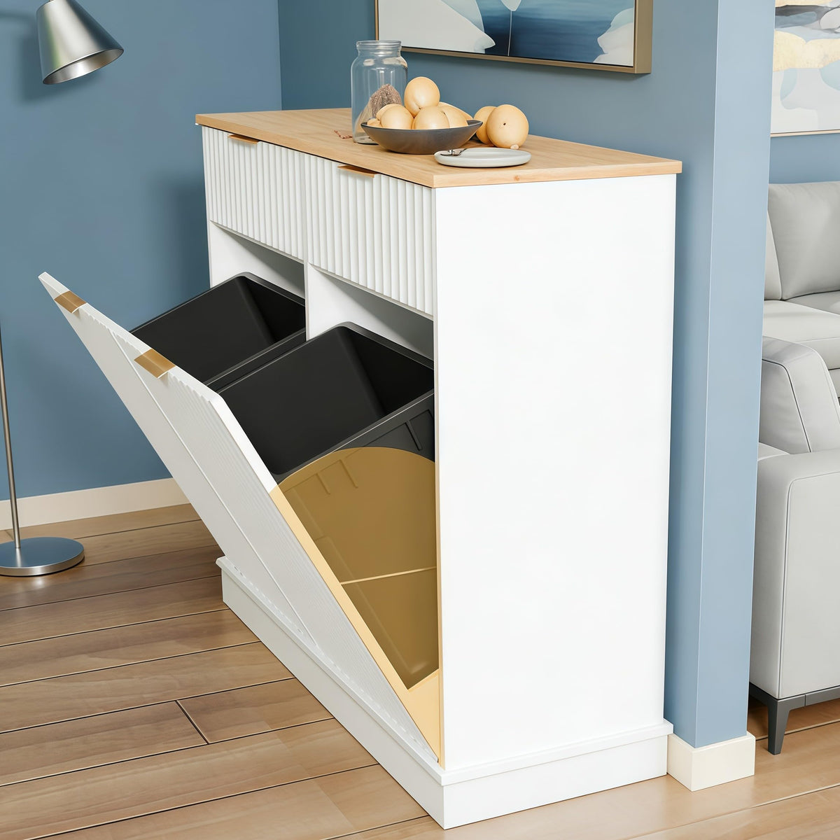 20 Gallon Double Tilt-Out White Trash Can Cabinet with Storage Drawers P5429