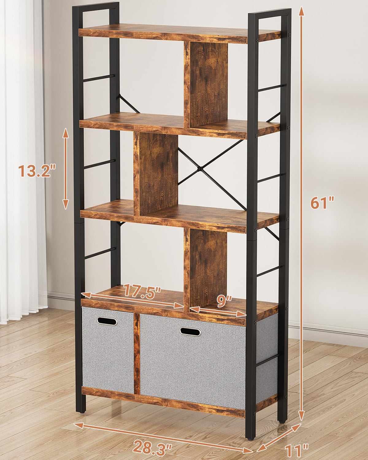 5 Tier Rustic Brown Bookshelf with Drawers H709