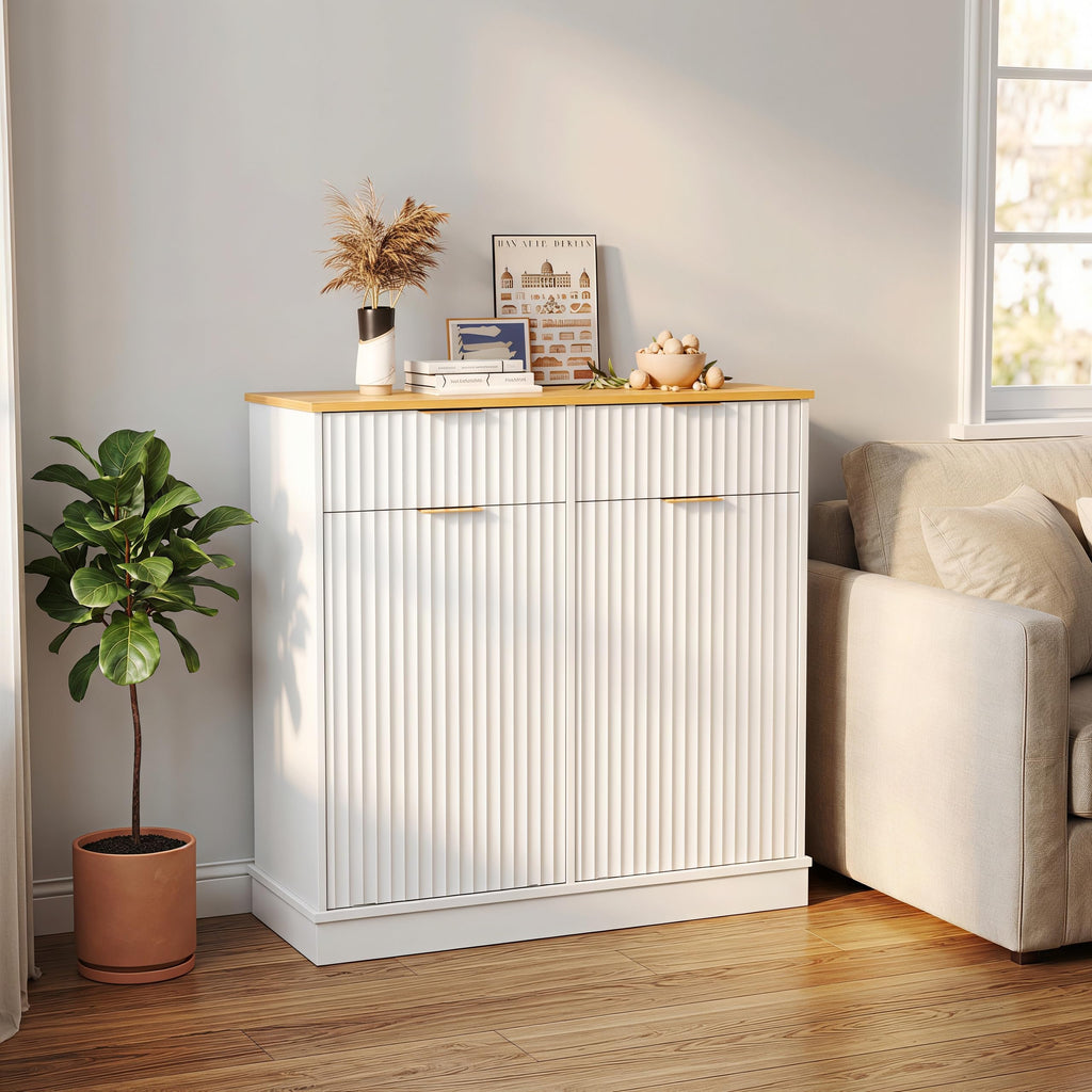 20 Gallon Double Tilt-Out White Trash Can Cabinet with Storage Drawers P5429