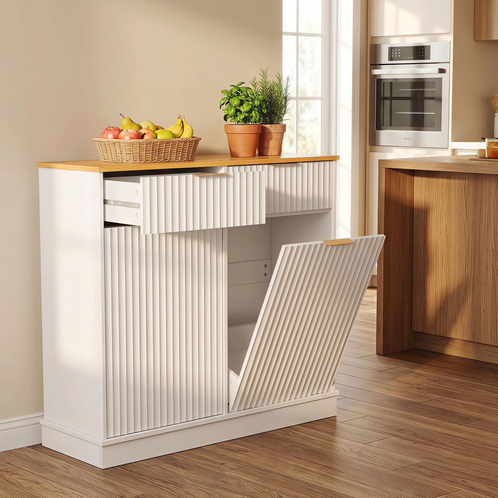 20 Gallon Double Tilt-Out White Trash Can Cabinet with Storage Drawers P5429