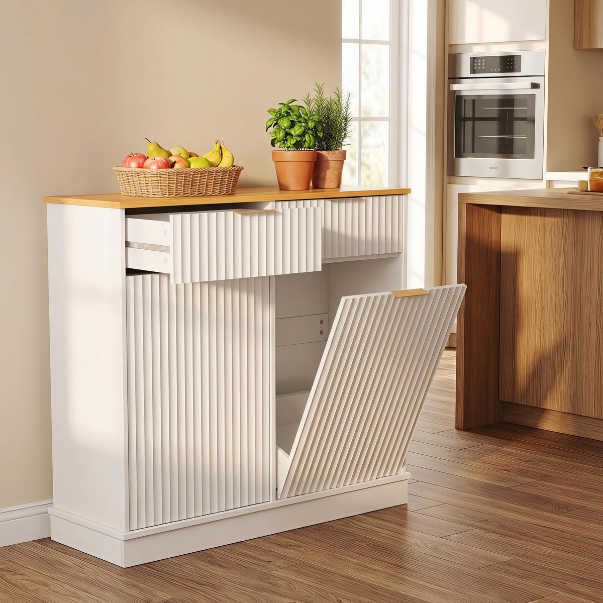 20 Gallon Double Tilt-Out White Trash Can Cabinet with Storage Drawers P5429