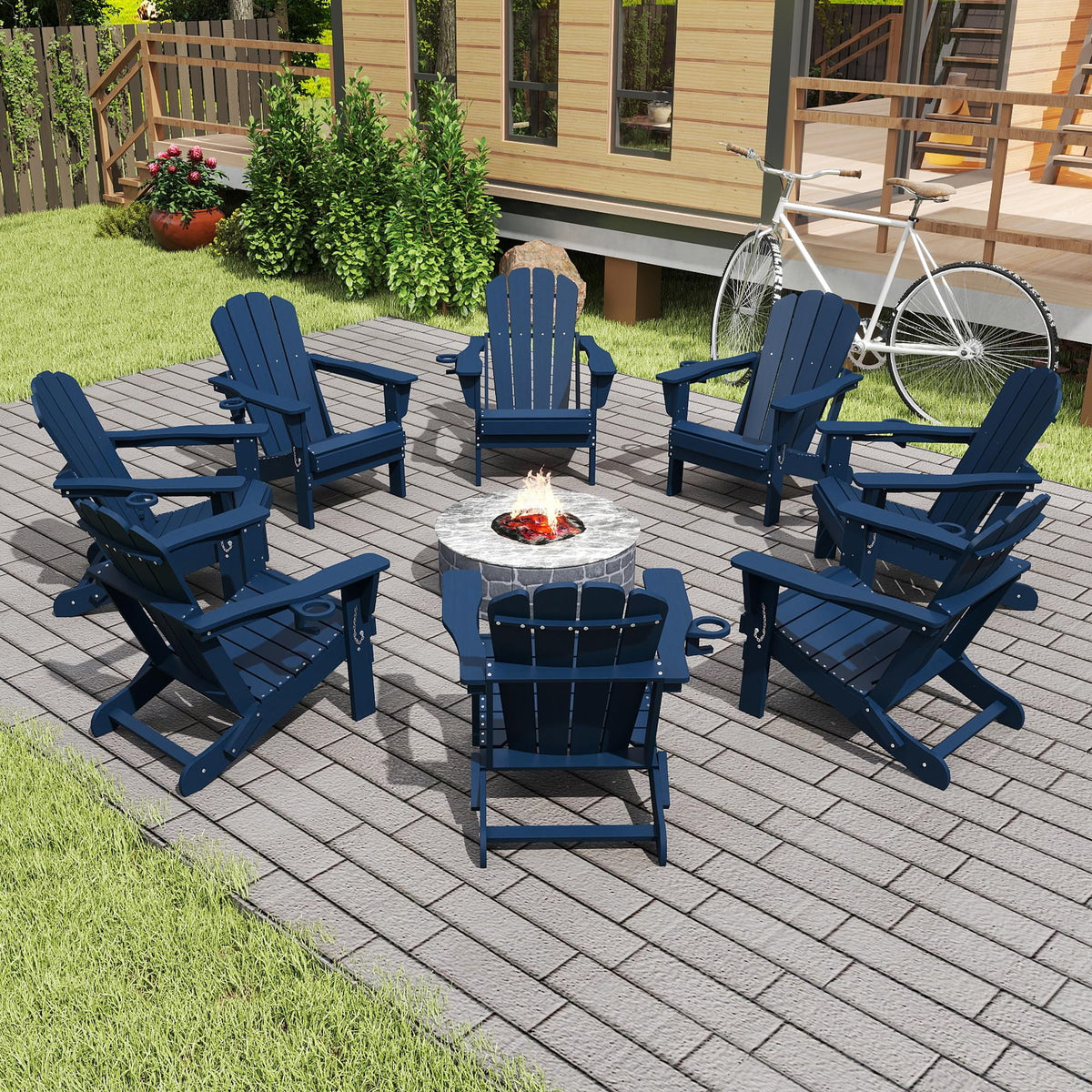 Folding Adirondack Chair Set of 8 HDPE All-Weather with Cup Holder Blue P899752
